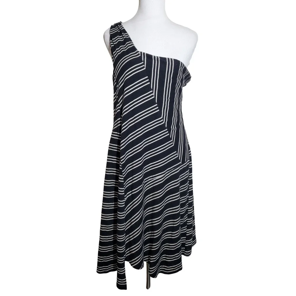 Anthropologie Maeve One Shoulder Striped Knit Dress Black White‎ Size Large
